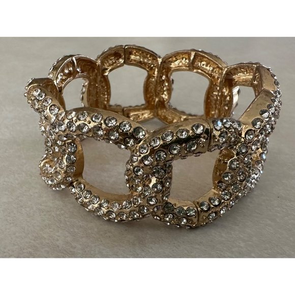 Gold tone clear rhinestones curb link chain stretchy statement bracelet - Picture 1 of 5